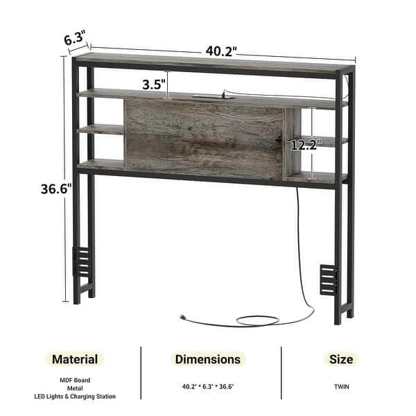 dimension image slide 3 of 11, Headboards with Storage Shelves, Head Board with Power Outlet and LED Light for Bed Frame