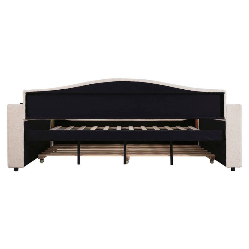 Full Size Upholstered Daybed with Storage Armrests, Trundle and Bluetooth Audio System