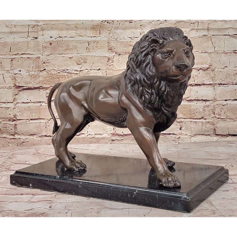 J. Moigniez Bronze Guardian Lion Statue Sculpture Figure On Marble Base 11 Inches X 14 Inches
