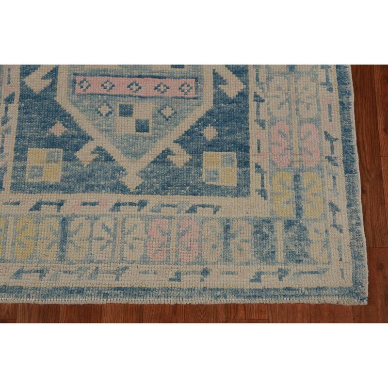 Hand Knotted Oriental 100% Wool Carpet Transitional Geometric Navy Blue & Blues Oushak Runner Rug - 17' 2'' X 3' 2''