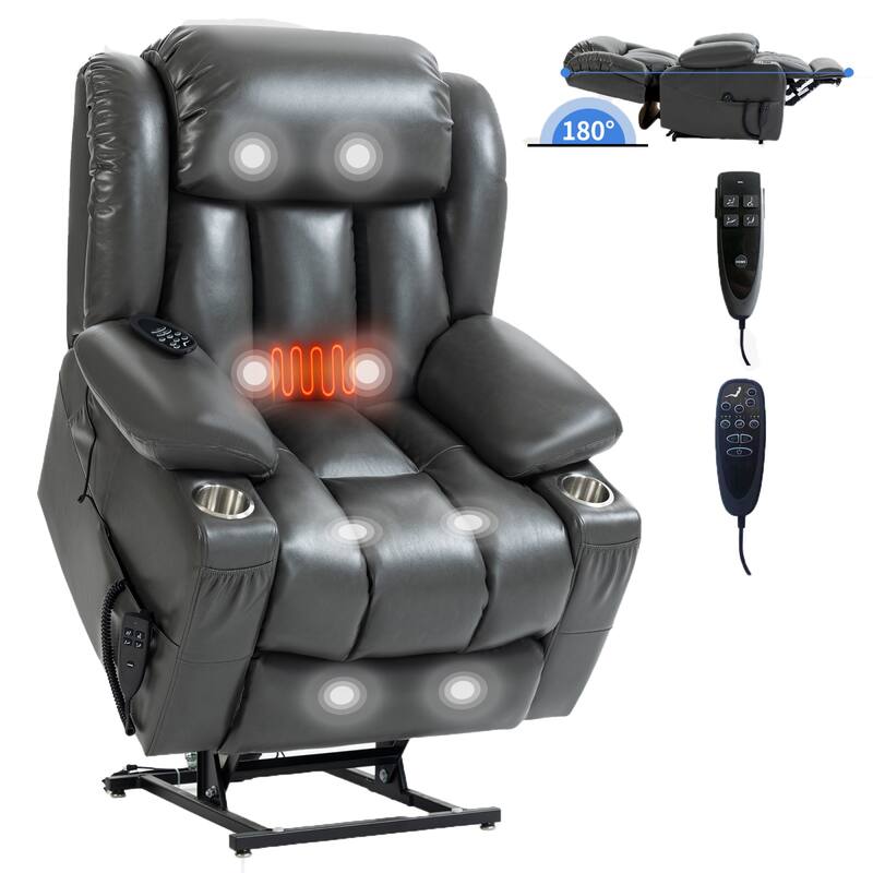 Roomfitters Dual Motor Power Lift Recliner Chair with 180 Degree Flat Recline Heat Massage Sofa with Cup Holders, Grey