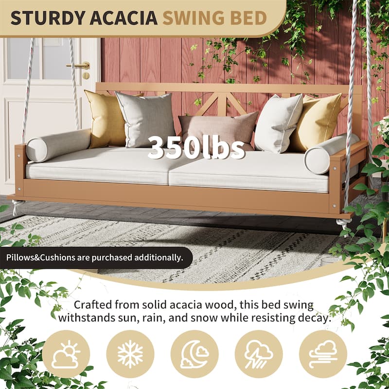 Wood Twin Size Patio Hanging Swing with Hemp Ropes (No Cushion,Pillow)