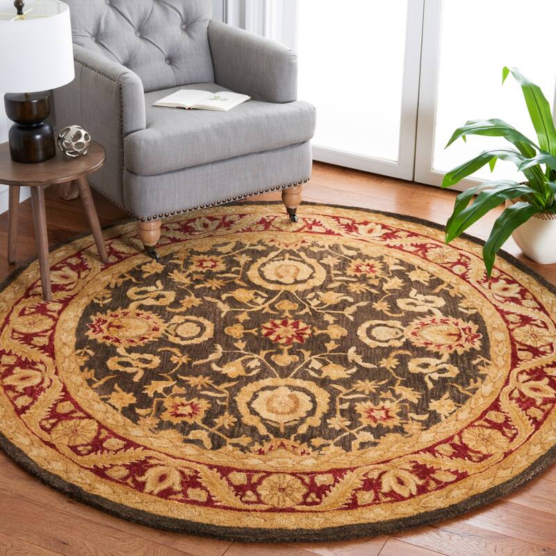 SAFAVIEH Handmade Anatolia Bibi Traditional Oriental Hand-spun Wool Rug - 8' Round - Charcoal/Red