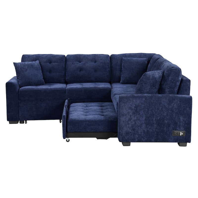 Convertible L-Shape Sofa Bed with Wheels, USB Ports, and Power Outlets