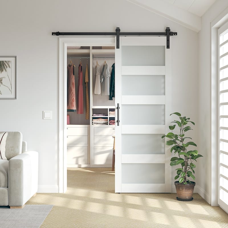 Sanding 30in./36in./42in.x 84in. 5 Frosted Glass White/Grey PVC Surface MDF Sliding Barn Door With Hardware Kit