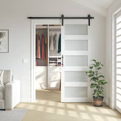 Sanding 30in./36in./42in.x 84in. 5 Frosted Glass White/Grey PVC Surface MDF Sliding Barn Door With Hardware Kit