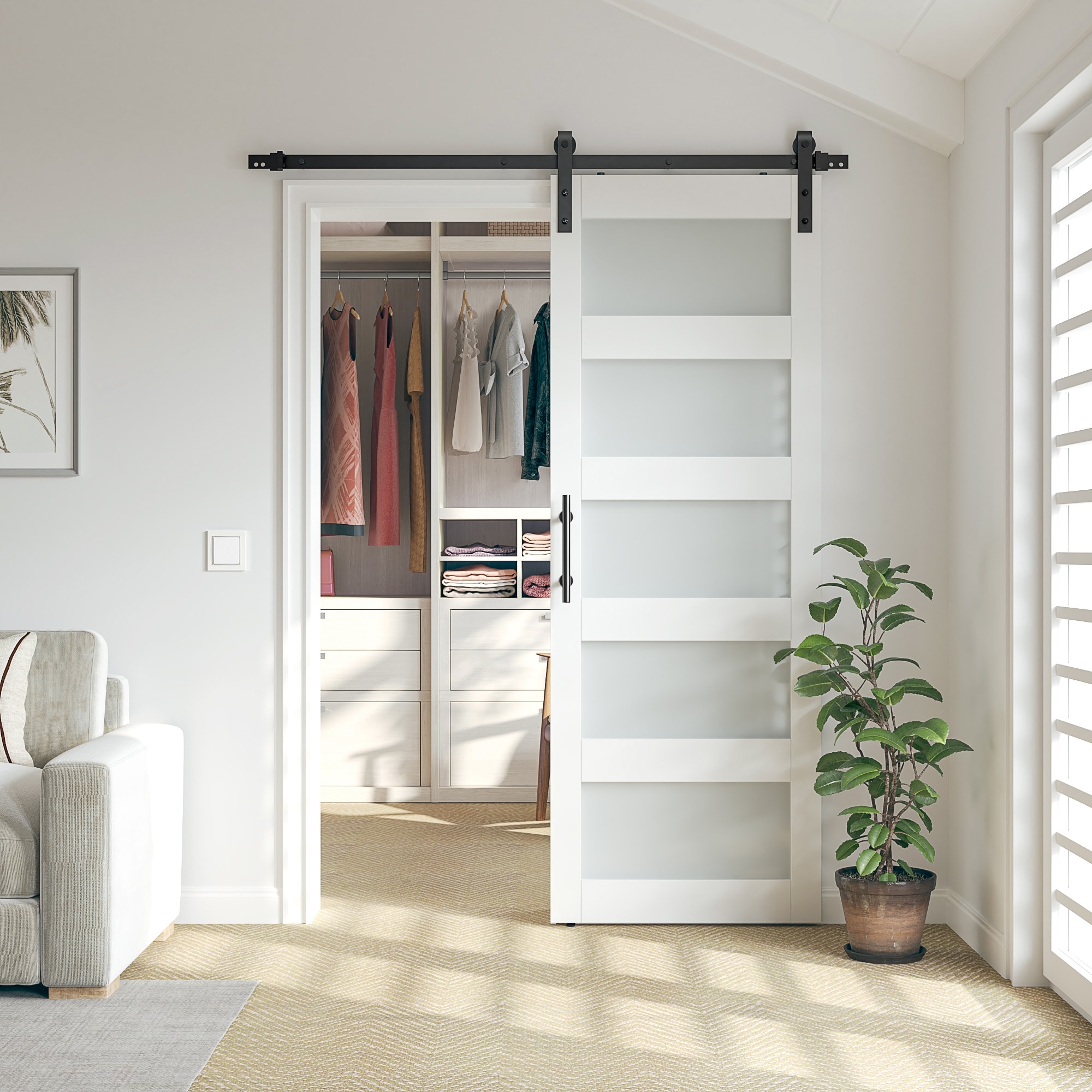 Sanding 30in./36in./42in.x 84in. 5 Frosted Glass White/Grey PVC Surface MDF Sliding Barn Door With Hardware Kit