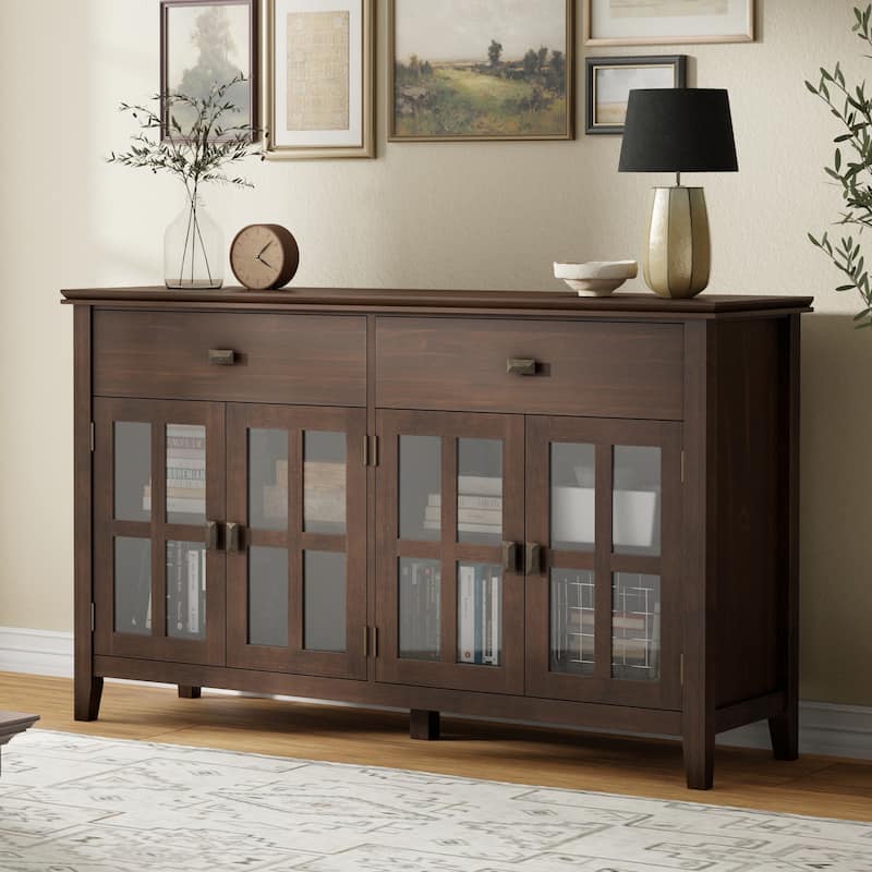 WYNDENHALL Stratford 60" Wide Solid Wood Transitional Large 4 Door Sideboard Buffet -  17"d x 60"w x 34"h - Natural Aged Brown