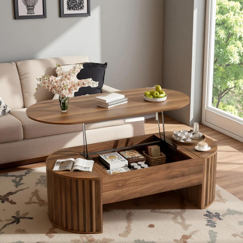 Wood Lift Top Coffee Table with Hidden Storage, 47" Oval Lift Table Top wavy grooves Design Conversation Table