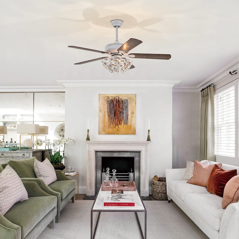 Praer Washed White 5-blade Lighted Ceiling Fan with Crystal Daisy Bouquet Shade