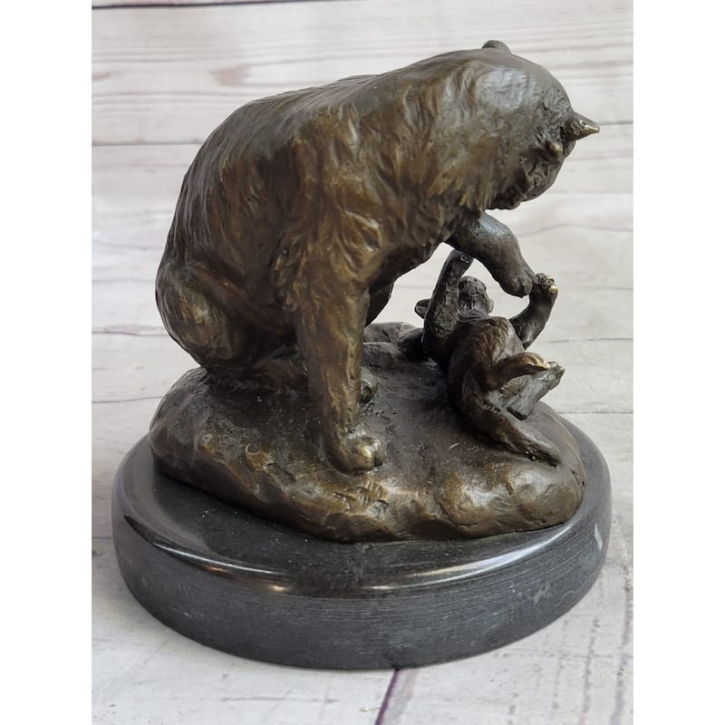 Playful Cat Kitten - Signed Handmade Bronze Sculpture On Marble Base By Milo