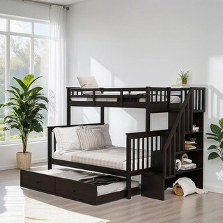 Maximized Space Twin over Full Bunk Bed with Twin size Trundle, Storage and Guard Rail for Bedroom, Dorm, for Adults, Espresso
