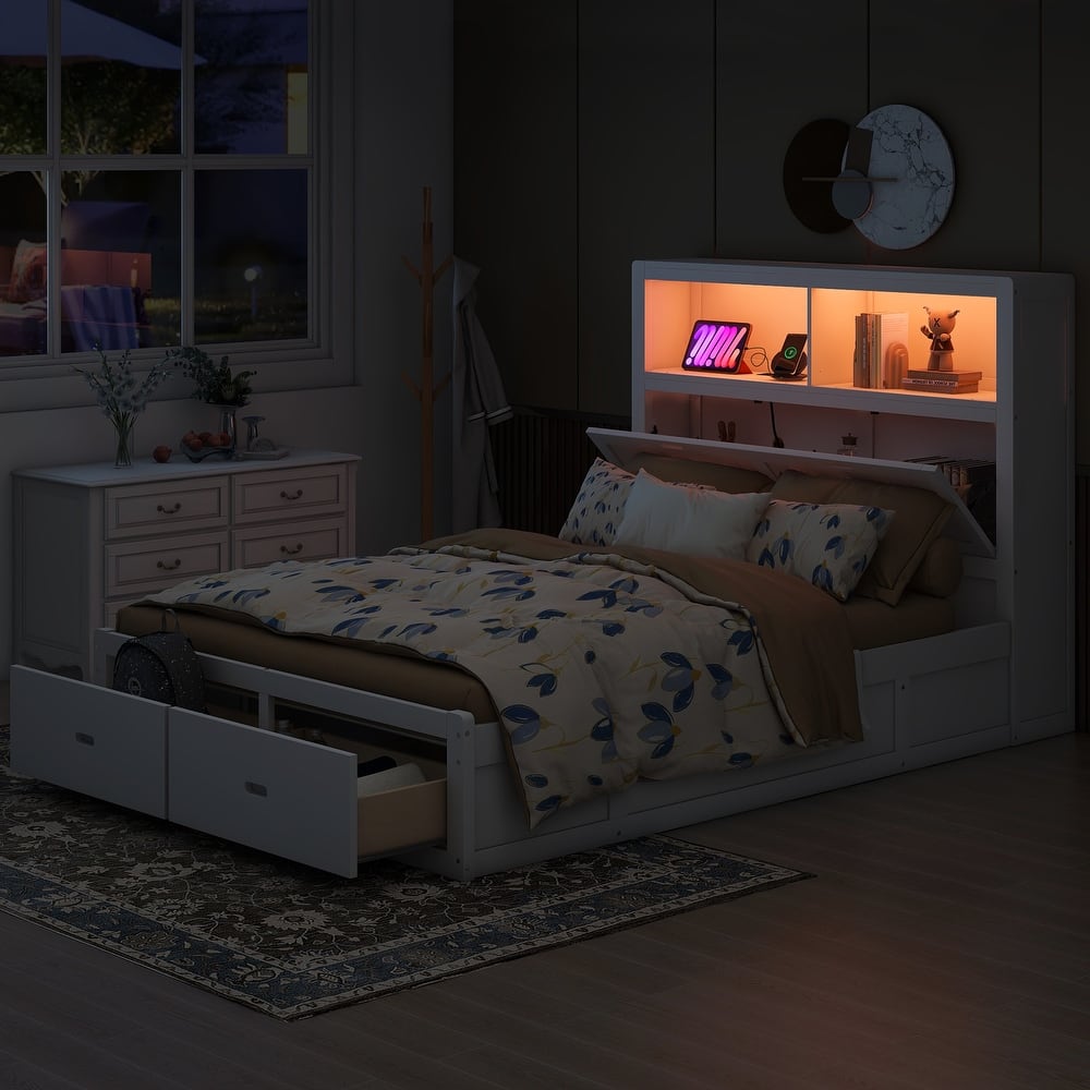 Wooden Loft Up Storage Bed Frame, LED Storage Headboard with Charging Station, Solid Pine Platform Bed with 2 Drawers