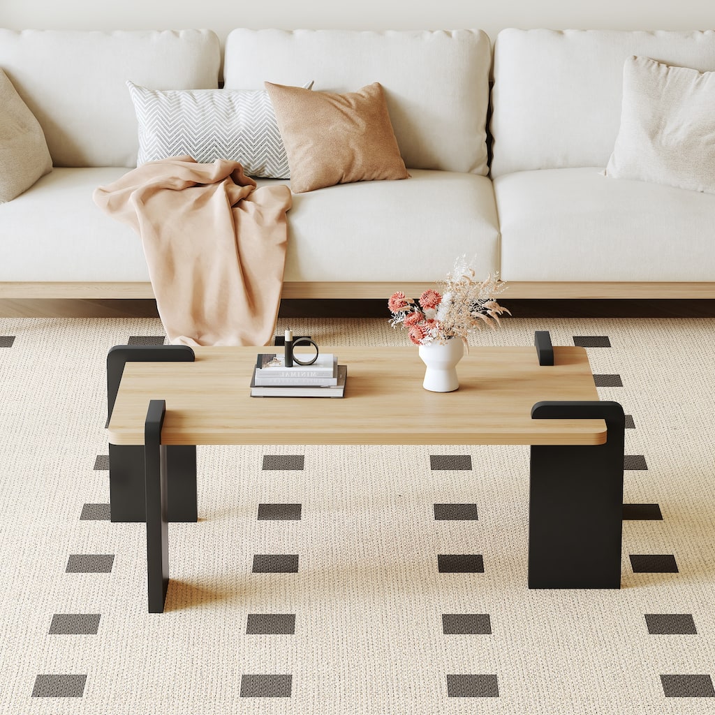 Unique Tenon Mortise Structure Coffee Table, Rectangular Center Table with Black Legs for Living Room Home Office Decor