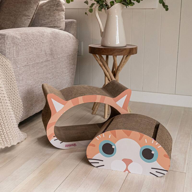 Opal 19" Modern Cardboard Happy Cat Head 2-in-1 Cat Cave Scratcher with Built-In Bell Toys and Catnip, Orange/Blue