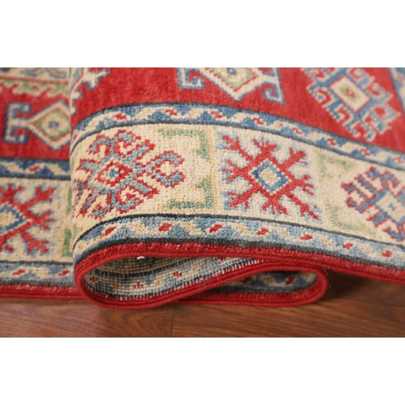 Geometric Kazak Oriental Accent Rug Handmade Red Wool Carpet - 3'5" x 4'11"