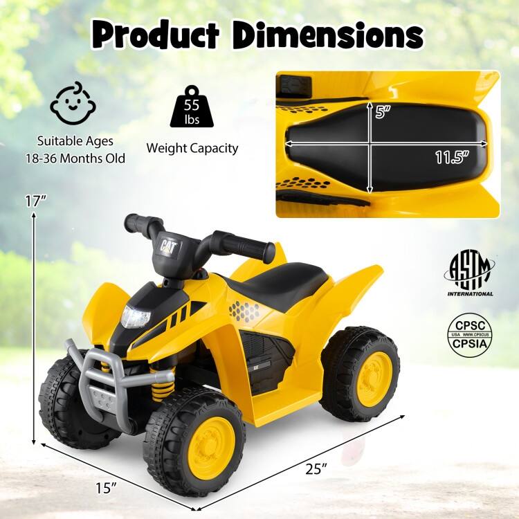 Caterpillar Licensed Yellow Ride-On for Toddlers, 6V Battery Powered Quad with LED Headlight - 15" x 25" x 17"