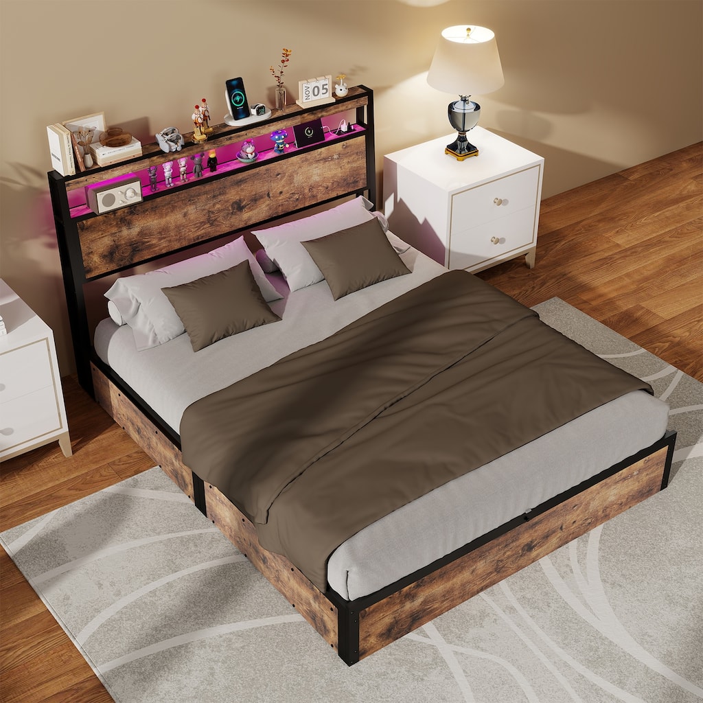 Lift Up Storage Bed Frame/Metal Platform Bed Frame with Charging Station&LED Lights/Noise-Free/No Box Spring Needed/Rustic Brown