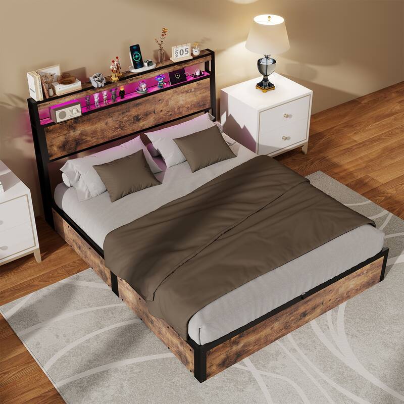 Rustic Brown Platform Bed Hydraulic Lift Storage Bed Frame, RGB LED Headboard with Charging Station, No Box Spring Needed