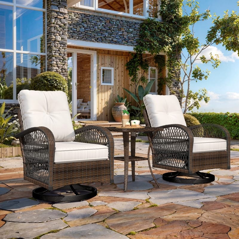 Outdoor Swivel Rocker Bistro Set - 3 Piece Wicker Patio Set with Swivel Rocking Chairs, Cushions, and Tempered Glass Side Table