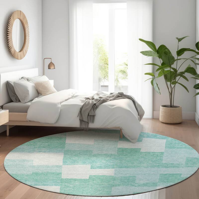 Machine Washable Indoor/ Outdoor Chantille Contemporary Blocks Rug - Teal - 8' x 8'