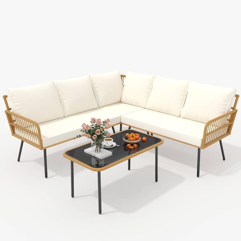 4-Pieces Outdoor Patio Furniture Set, L-Shaped Sectional Sofa - Beige