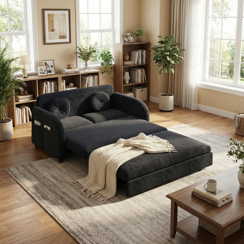 Homy Casa 3-in-1 Convertible Sleeper Sofa Bed, Pull-Out Couch w/ USB, Side Pocket & 4 Pillows, Chenille, 2/3/4-Seat - 2 Black - 2 Black