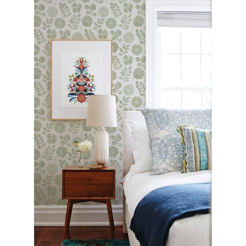 A-Street Prints Inge Moss Floral Block Print Wallpaper