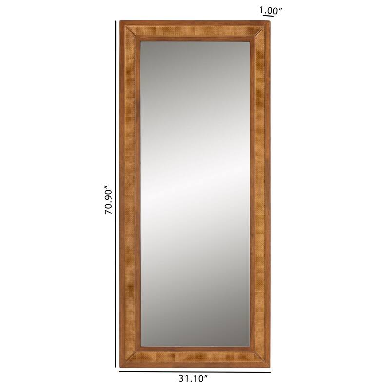 Rowanne Mid-Century Modern Walnut Brown Rubberwood and Rattan Frame Wall Mirror