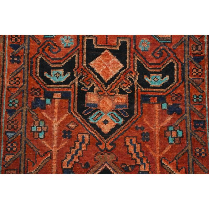 Hand Knotted Oriental 100% Wool Carpet Traditional Geometric Oranges & Rust Heriz Runner Rug - 10' 7'' X 3' 1''