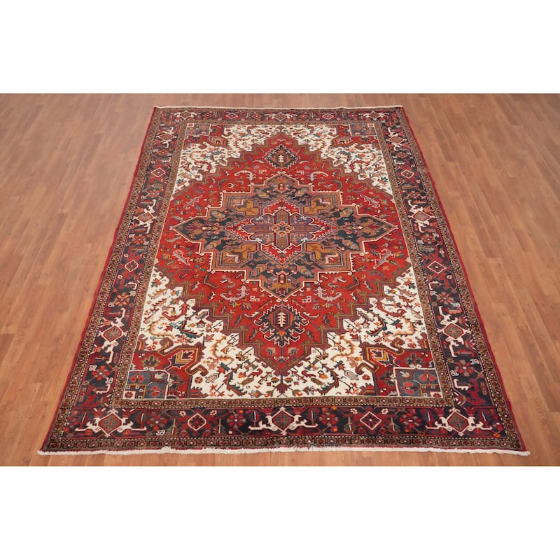 Hand Knotted Oriental 100% Wool Carpet Traditional Medallion Red Heriz Area Rug - 9' 8'' X 7' 3''