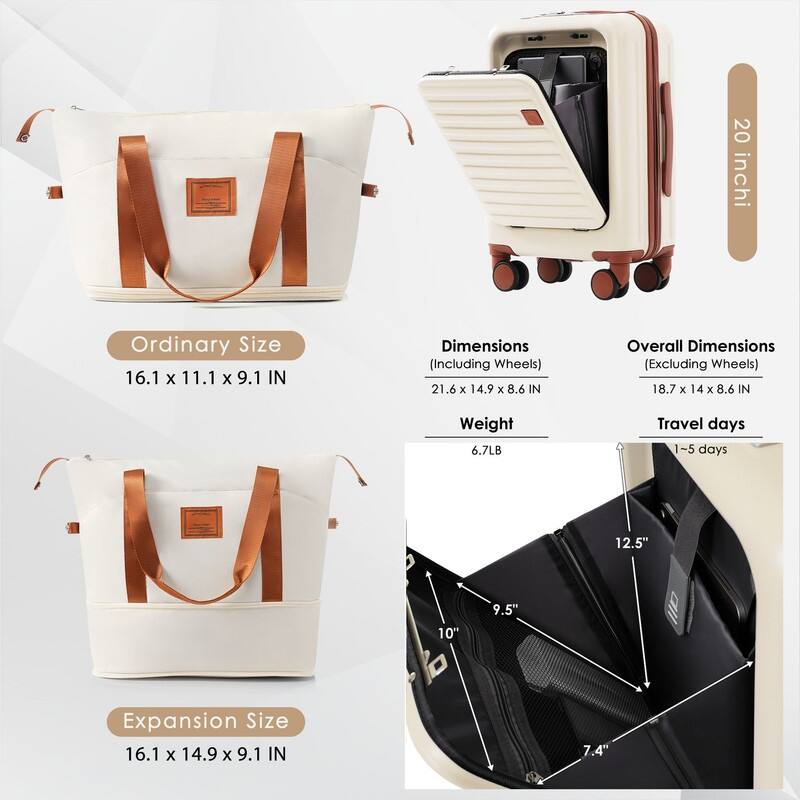 Front Opening 20-Inch Carry-On Luggage with Expandable Travel Bag Set
