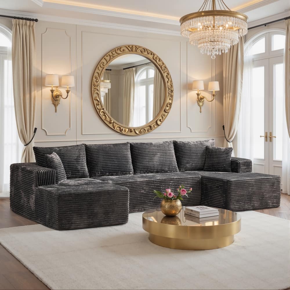 HOOOWOOO Modern Push Corduroy Fabric Sectional Sofa Couch with Pillows