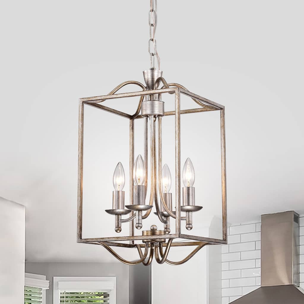 Tomas Antique Silver 4-Light Metal Open-Cage Lantern Chandelier