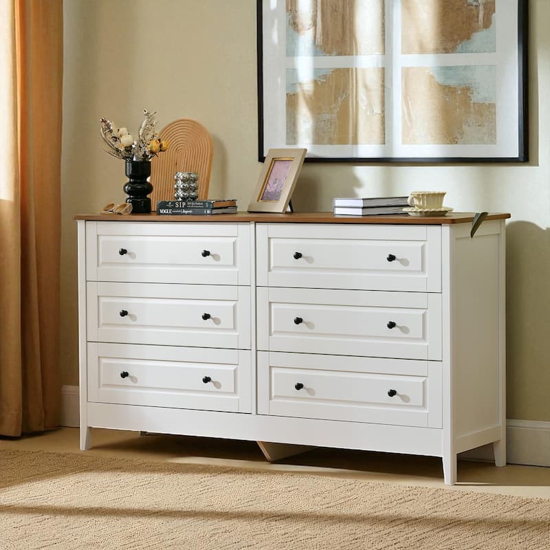 White 6 Drawer Dresser, Wide Storage Chest with Metal Handles, Modern Wood Double Dresser for Bedroom or Entryway - White