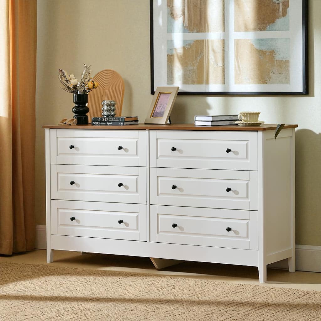 White 6 Drawer Dresser, Wide Storage Chest with Metal Handles, Modern Wood Double Dresser for Bedroom or Entryway