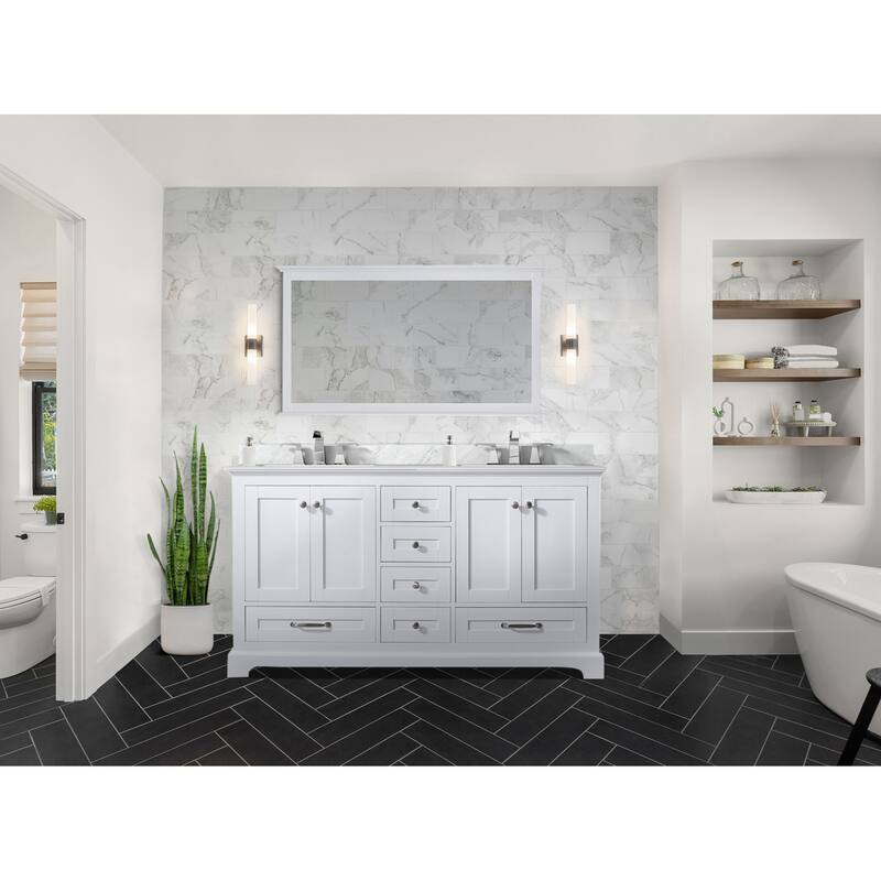 Dukes 60 in. W x 22 in. D Navy Blue Double Bath Vanity, Carrara Marble Top, Faucet Set, and 58 in. Mirror