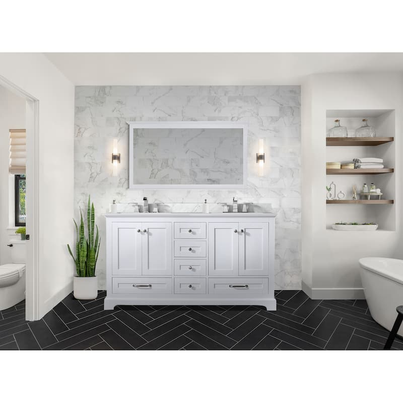 Dukes 60 in. W x 22 in. D Navy Blue Double Bath Vanity, Carrara Marble Top, and 58 in. Mirror