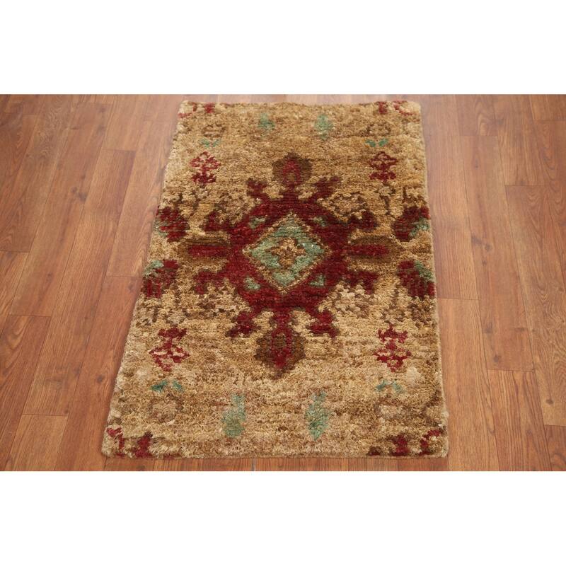 Hand Knotted Oriental Jute Carpet Modern Abstract Yellow & Gold Moroccan Area Rug - 3' 0'' X 2' 0''