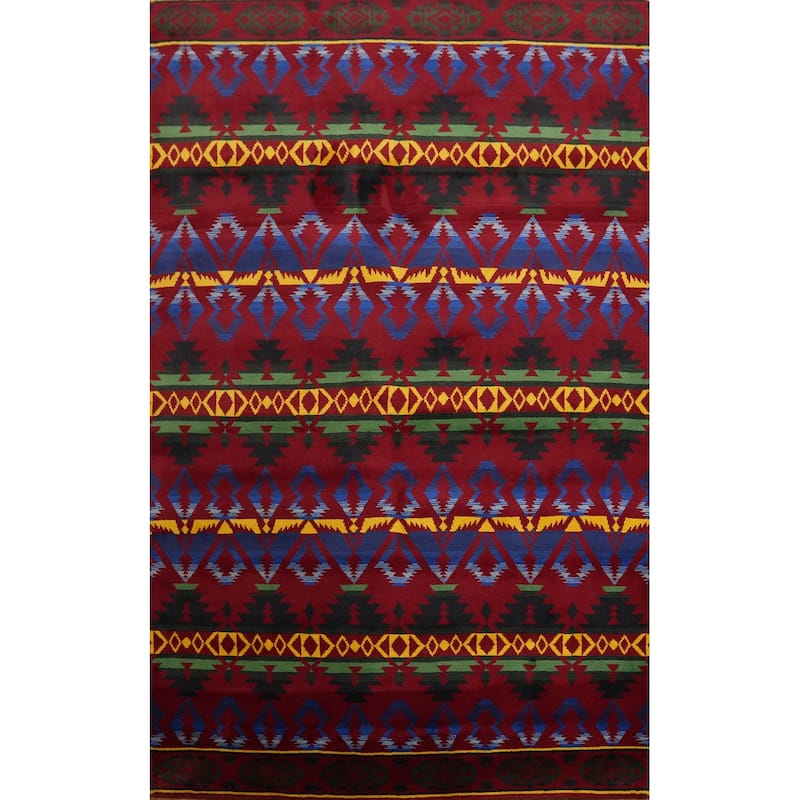 Hand-knotted Tribal Wool Red Geometric Oriental Area Rug - 9' 1'' X 6' 0''