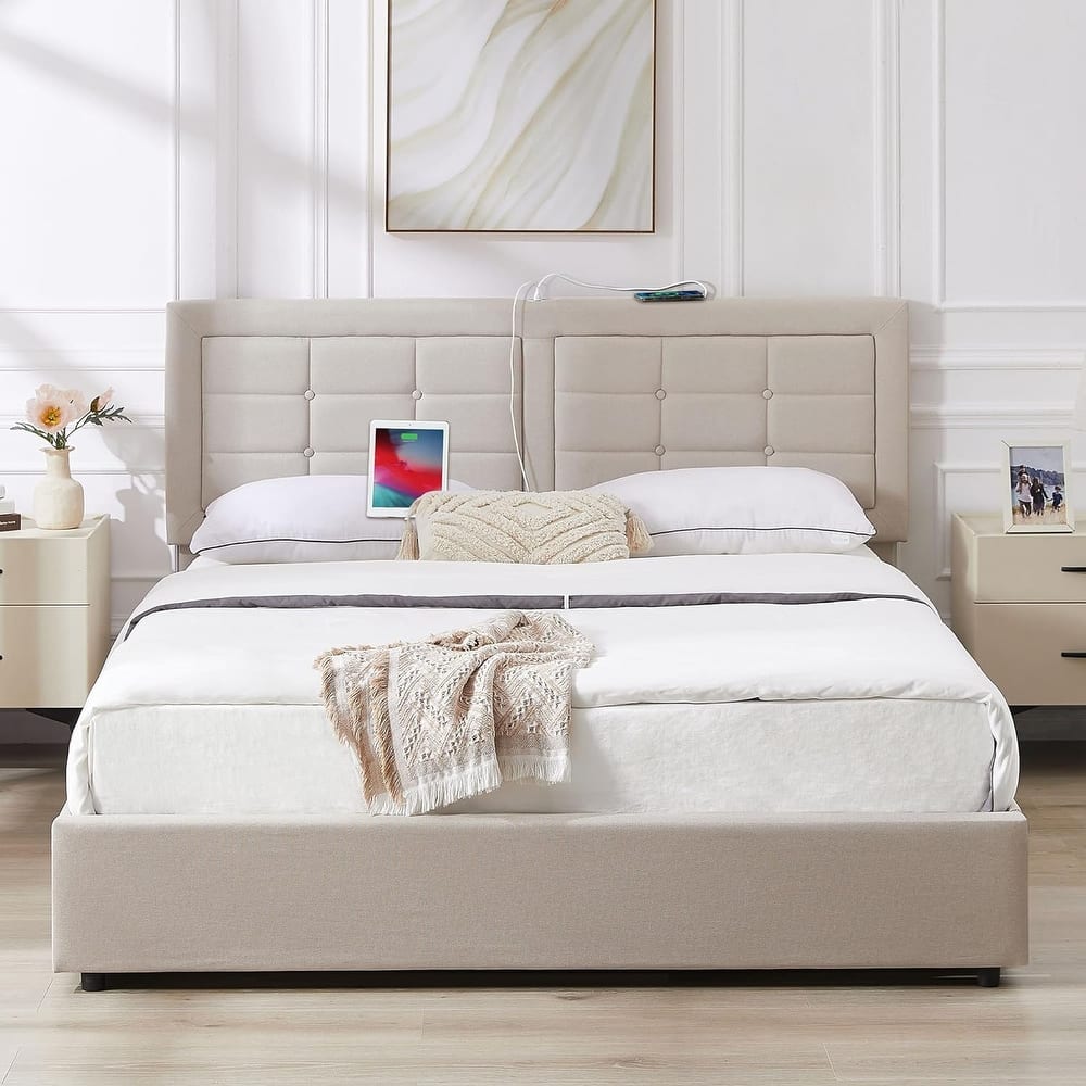 VECELO Bed Frame with USB and Type C Ports, Adjustable Tufted Button Headboard, Upholstered Platform Bed Frame