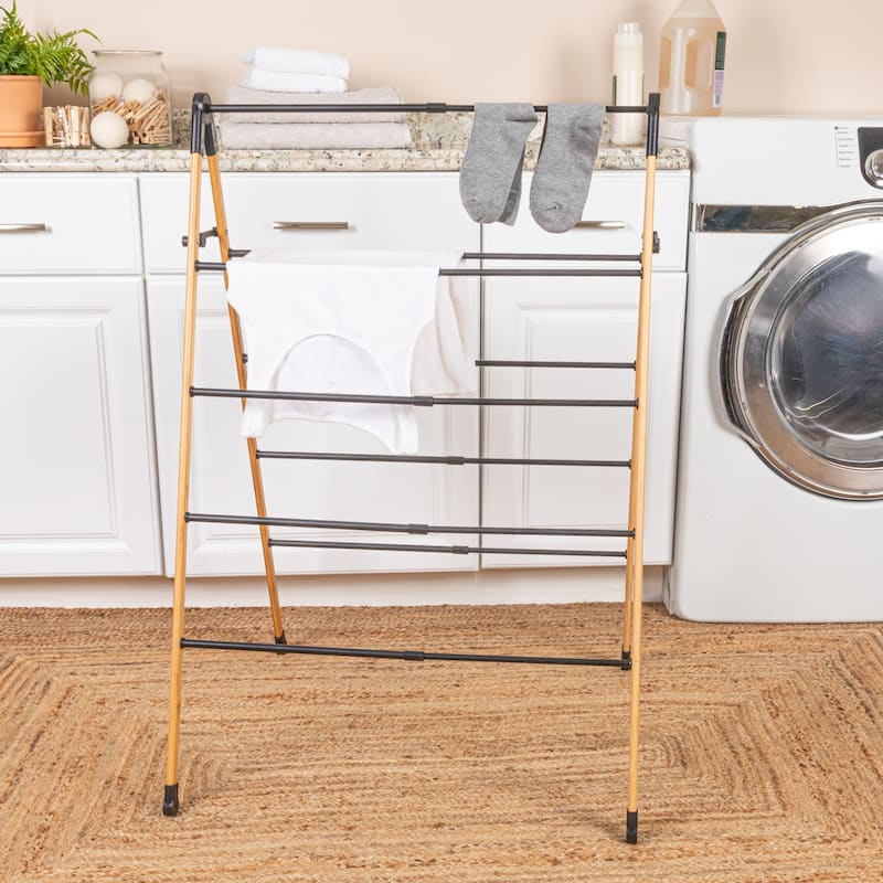 Household Essentials Bamboo V-Shaped Folding Clothes Drying Rack with 9 Dowels - 28.0"L x 25.5"W x 39.5"H