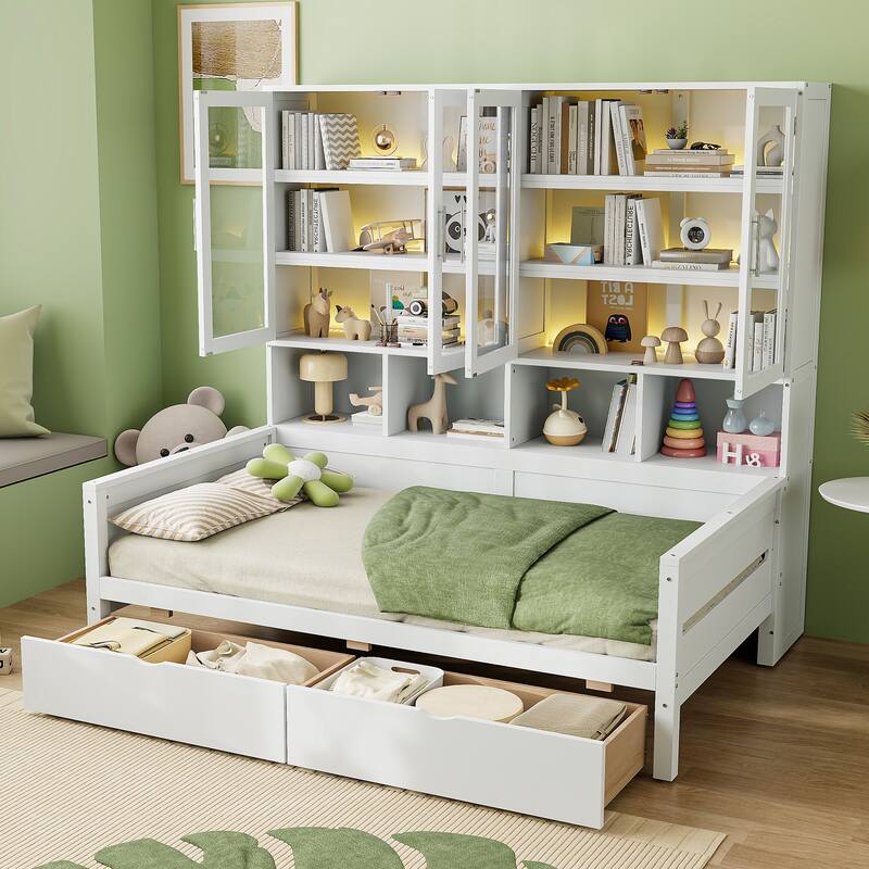 Roomfitters Wooden Daybed with Glass-Door Cabinets, Built-in Lighting and Storage Shelves - White - Twin