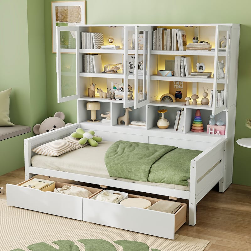 Twin Size Wooden Daybed with Glass-Door Storage Cabinets, Built-in LED Lighting and Shelves - White