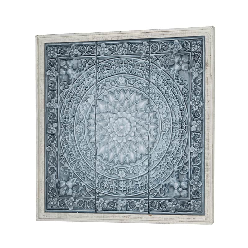 Metal Floral Embossed Mandala Scroll Home Wall Decor with White Wood Frame - Blue or Brown - Roche River Decor