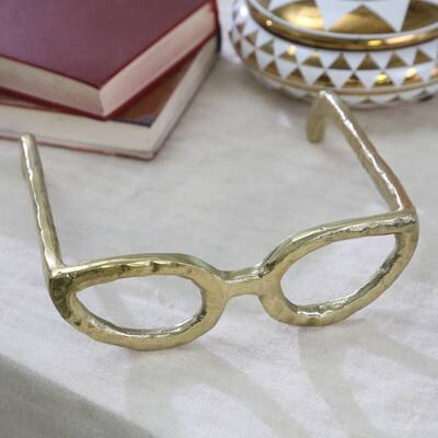 Abstract Cat Eye Glasses Metal Sculpture, Room or Office Decor, Gold 8 L x 8 W x 3 H - 7" x 7" x 3"