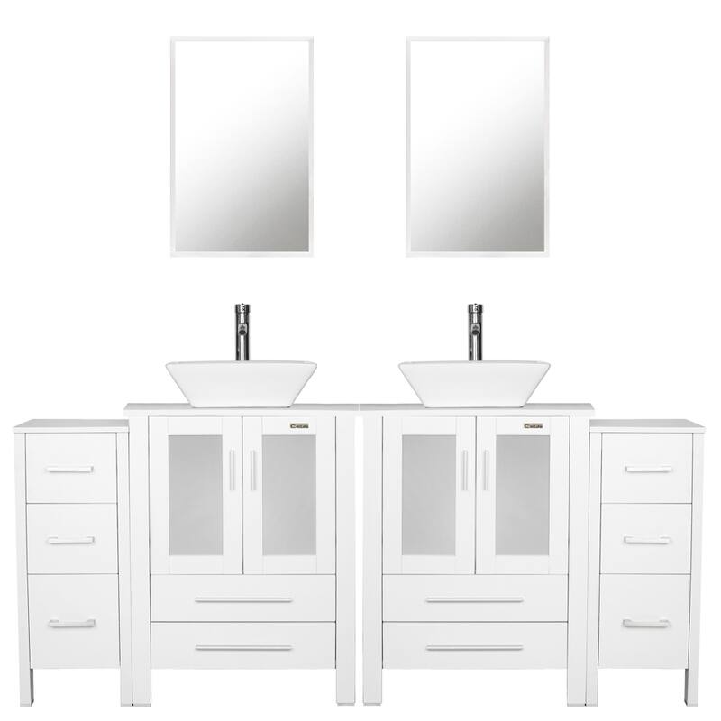 72" Bathroom Vanity Set Vessel Sink Cabinet Mirror Combo - White - white ceramic square sink
