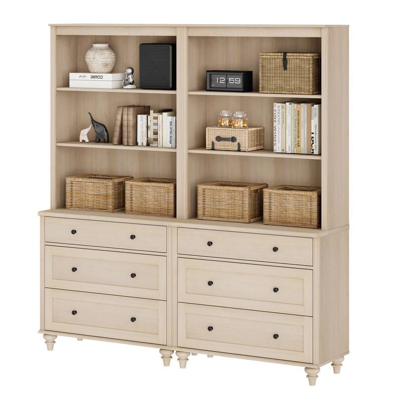 Light Beige Bookcase with Doors, Large Wood Farmhouse Book Case Shelf