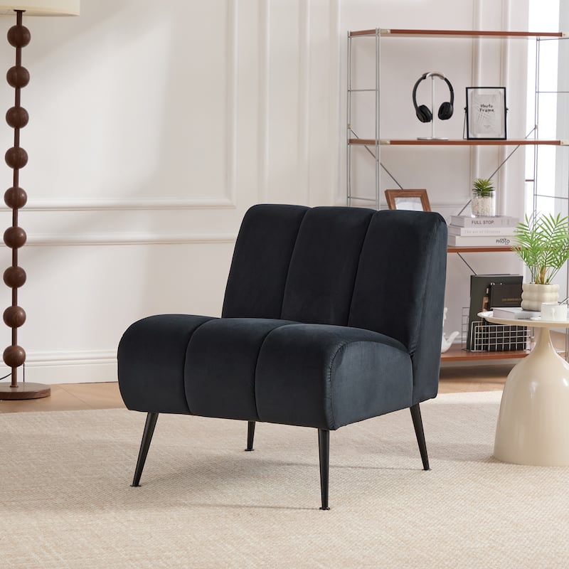24.4" Wide Modern Upholstered Armless Chair with Black Metal Legs, Chenille Accent Chair for Living Room,Bedroom,Office - Black
