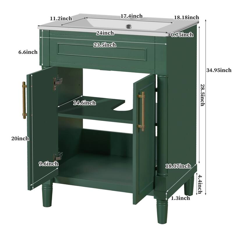 24'' Freestanding Bathroom Vanity with White Integrated Ceramic Sink - 24'' x 18.18'' x 34.95''